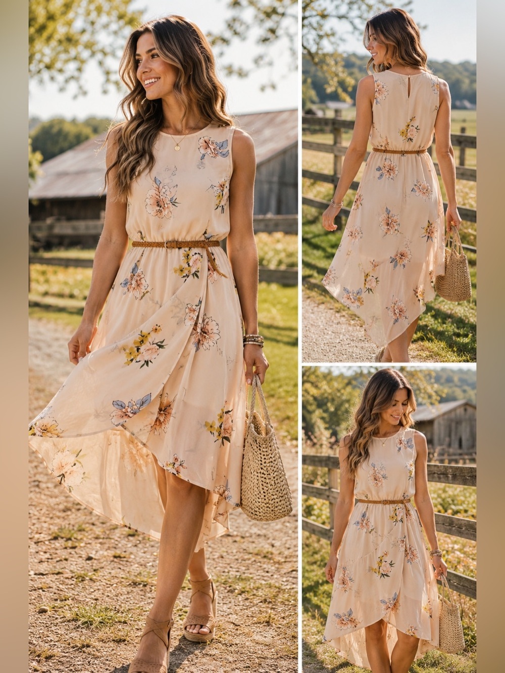 As U Wish Floral Asymmetrical Midi Dress Nude Pink Sleeveless Small